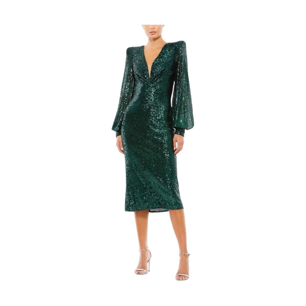 Mac Duggal 26866 Sequined Structured Bishop Sleeve Midi DressTeal Size 4 NWT - Picture 10 of 14